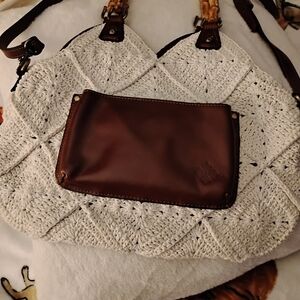 Patricia Nash White Crochet and Brown Leather Shoulder Bag